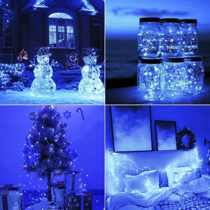 woohaha أضواء شريطية شمسية ووهها، 2 عبوة 33 قدم 100 LED أضواء نحاسية زرقاء، زينة مائية خيالية أضواء شريطية نجمية - 8 أوضاع، داخلية/خارجية للحدائق، الفناء، المنازل، الحفلات (أزرق، 2 قطعة) - Image 3